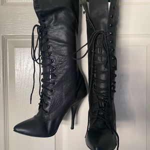 Black lace-up high heel boots